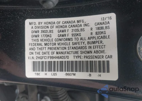 2017 Honda Civic Touring from USA, damaged, VIN 2HGFC1F99HH640570